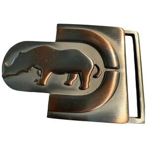 Vintage Artisan Rhino Belt Buckle, Brass/Pewter, Brutalist Wildlife Metal Art